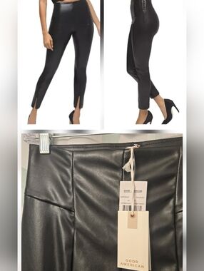 NWT Good American 2 Black Faux-Leather Ankle Slit Boss Pants Size Medium